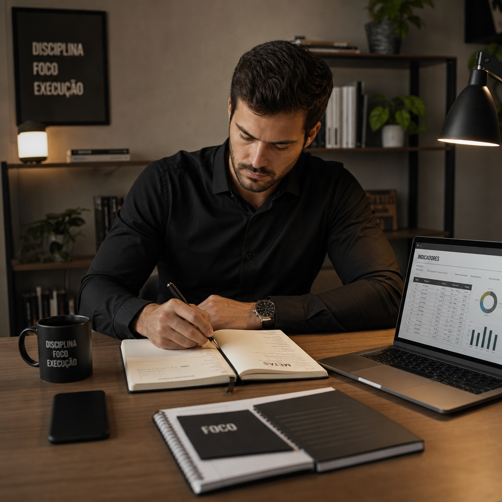Profissional organizado analisando metas e prioridades com foco produtivo