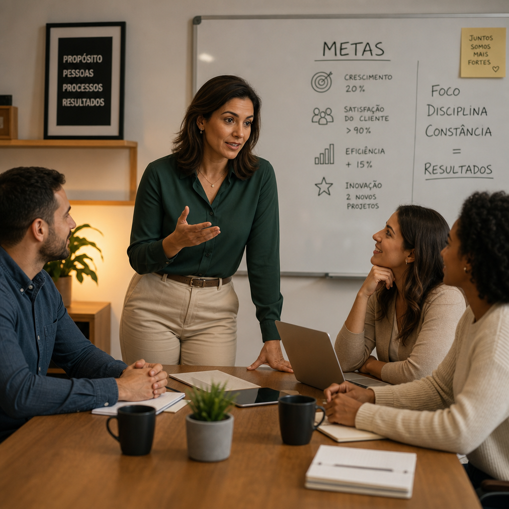 Líder alinhando equipe com metas e comunicação clara em ambiente profissional