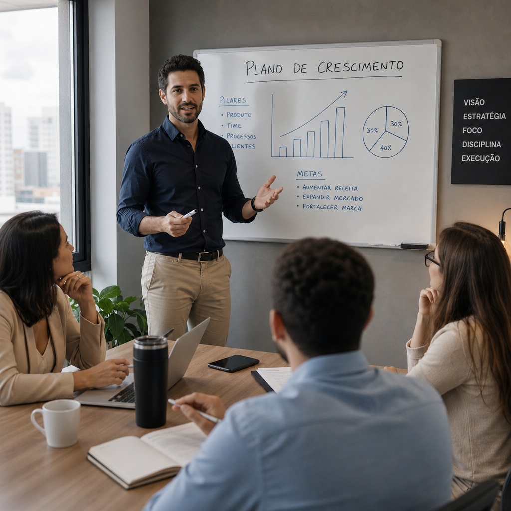 Profissional liderando reunião e demonstrando comunicação e liderança