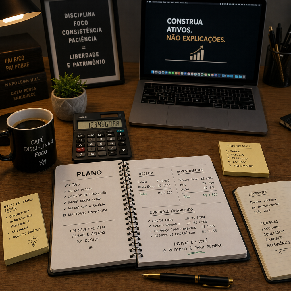 Mesa de planejamento financeiro e profissional com metas e organização
